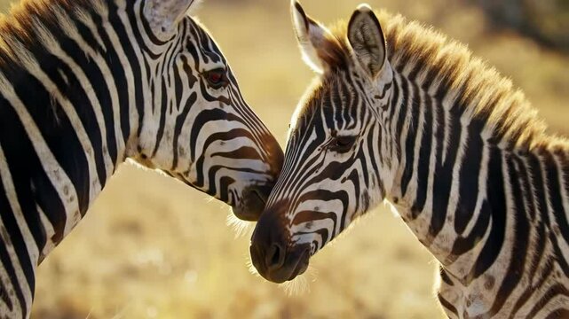 Pair of zebras showing affection in the wild savanna grassland