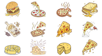 Cartoon Vector of Assorted Pizza, Cheese and Wooden Tray Food Set