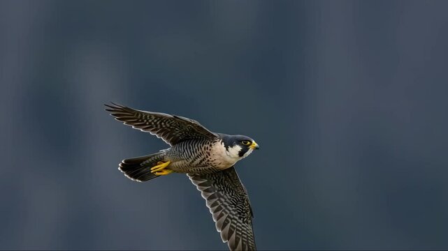 Peregrine falcon soars, wings spread in natural setting, wild bird