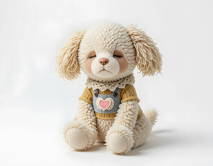 Fototapeta premium A charming full-body Cockapoo/Maltipoo puppy plush toy, in a classic pose with a knitted outfit, set against a pristine white background.