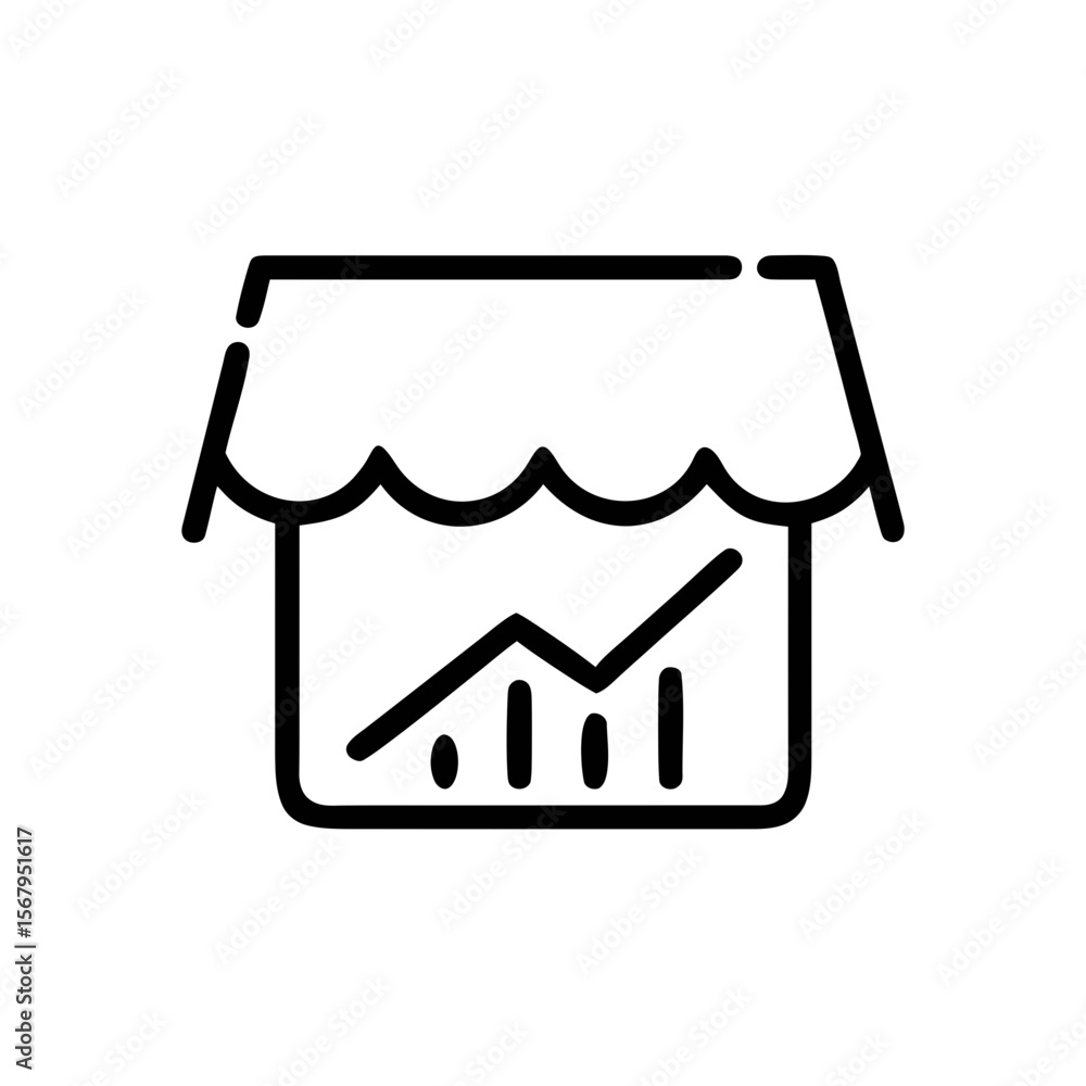 Poster outline icon of storefront with growth chart or sales analytics display