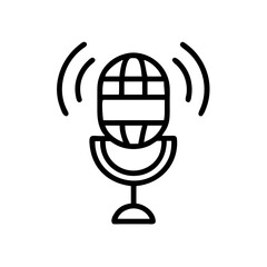 Outline Icon of Microphone with Globe and Signal Waves for Global Podcast or Broadcast
