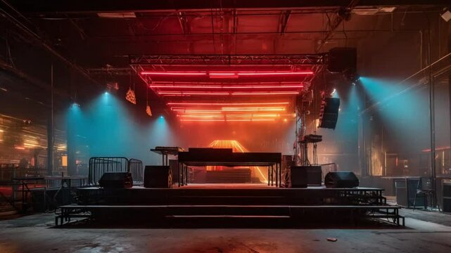 Empty concert venue stage bathed in vibrant colored lighting