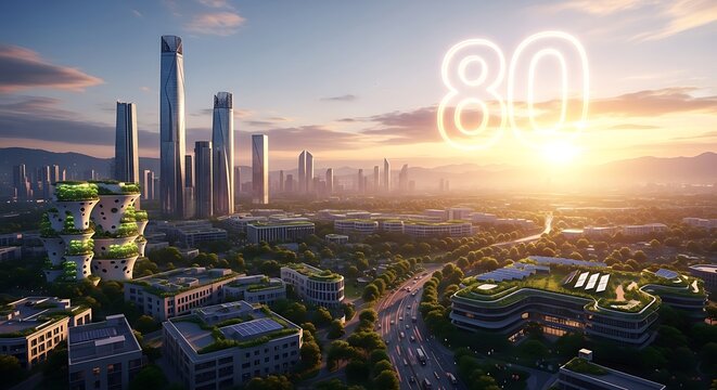 Futuristic city skyline at sunrise, showcasing innovative, eco-friendly architecture and towering skyscrapers.  The number eighty is prominently displayed.