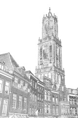 Black and white pen drawing of the Dom Tower in Utrecht, seen from the street with historic Dutch...