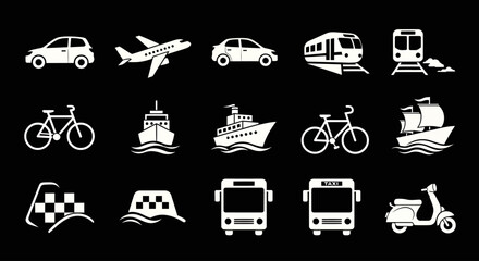 Collection of white transportation icons on black background, depicting various modes of land, sea, and air travel.