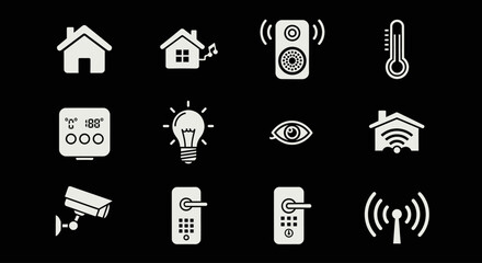 Collection of white icons representing smart home technology and automation features on a black background.