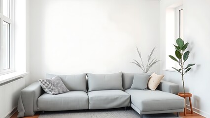 Minimalist Scandinavian living room with gray sofa and decorative pillows, bathed in soft natural light.