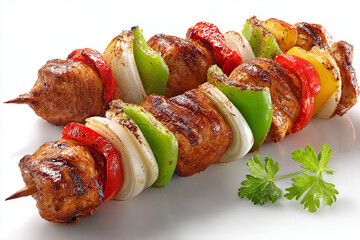 Close up of perfectly grilled chicken kababs with fresh bell pepper slices