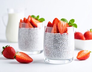 Two glasses of healthy chia seed pudding with sliced strawberries and mint leaves are presented alongside whole berries and a milk pitcher on a white surface.