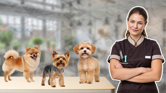 A satisfied female groomer is touched by her beautiful four-legged clients. Grooming salon concept. Empty space for text. Smooth animation on color paper background