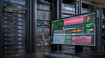 Data center server rack with monitor displaying graphs and data