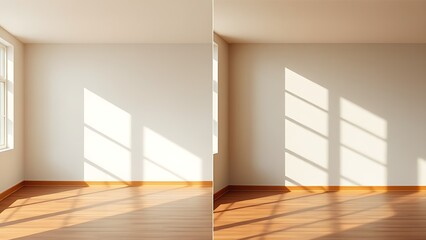 Obraz premium A side-by-side comparison of empty rooms showcasing different wall textures in ambient light.