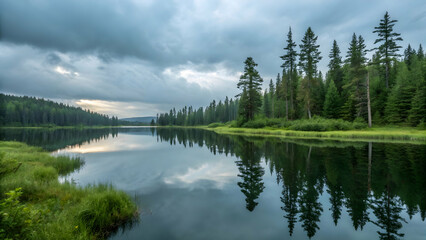 Obraz premium Scenic landscape featuring a serene lake reflecting the surrounding forest, mountains, and sky