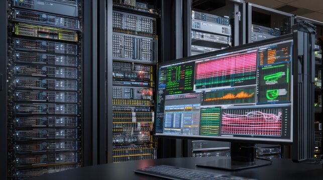 Data center server rack with monitor displaying graphs and data