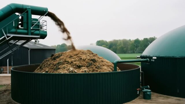 Biogas Plant for Renewable Energy Generation Featuring a Green Digester Dome Against an Overcast Sky Near Rural Farm Countryside