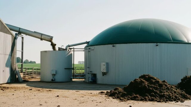 Biogas Plant Exterior with Green Dome and Waste Conveyor System for Renewable Energy and Sustainable Agriculture on a Sunny Day