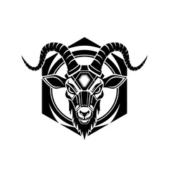 Vector illustration logo of a powerful and bold ram (goat) head, featuring geometric details and prominent curling horns. 