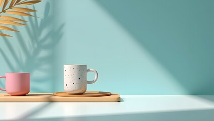 Obraz premium Product mockup background with coffee mugs and shadow overlay for branding and presentation