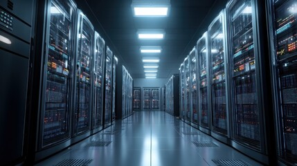 Modern data center server room cool blue technology infrastructure