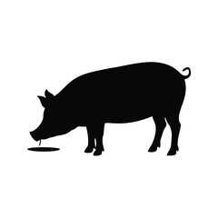 Black Silhouette of a Pig Drinking Water from a Puddle Isolated