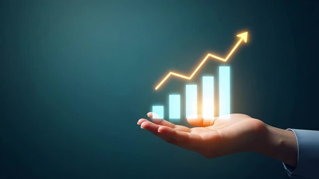 Hand presenting holographic investment growth stocks symbol representing investment growth stocks in empty space background concept as A hand showcases holographic investment growth stocks symbol illu