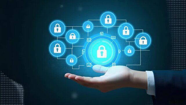 Hand Holding Holographic Zero Trust Security Model Interface Surrounded by Security Icons Emphasizing Cybersecurity Principles and Secure Network Access in Empty Space