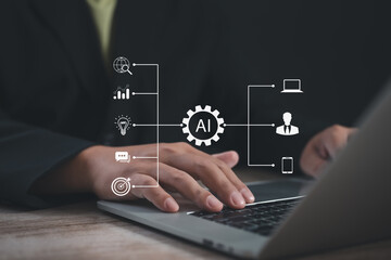 Businessman using a laptop with virtual AI diagram overlay, representing artificial intelligence solutions in data analytics, automation, communication, and modern technology for business operations.