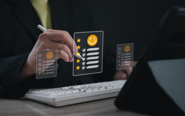 Businessperson using a stylus to select a five-star rating with a smiling emoji on a digital feedback form, representing positive customer satisfaction, service quality, and review system engagement.
