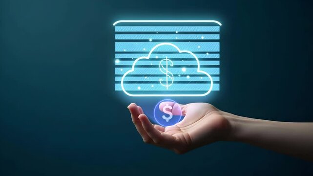 Flat Hand Holding Holographic Cost Effectiveness Icon for ERP Software in Cloud Environment - Minimalist Vector Illustration