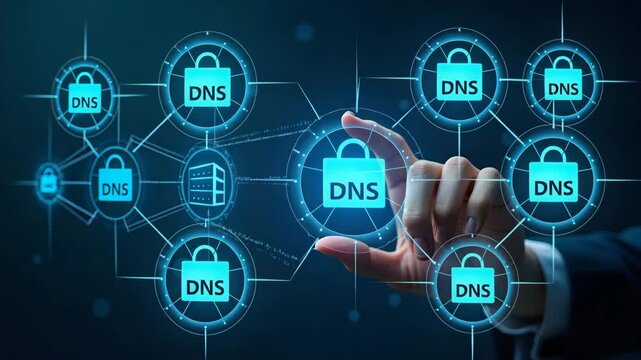 Flat Hand Touching Holographic DNS & Web Server Icons: Cybersecurity & Global Internet Connections in a Simple, Cute Vector Illustration - Smart Business Tone