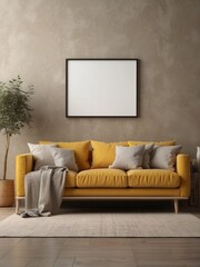 Rustic sofa with yellow cushions next to accent end table against beige wall with empty mock up