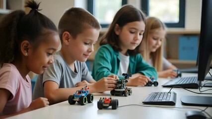 Diverse School Children Build Robotic Cars: Happy Multiethnic Kids Learning Programming and Engineering in STEM Education Class - Photo Stock Concept