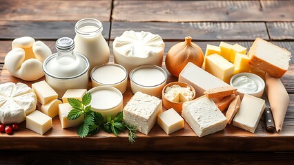 Fototapeta premium Fresh dairy products displayed on a rustic wooden table, highlighting natural and wholesome ingredients.