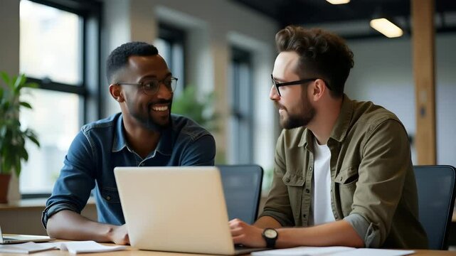 Happy African Male Employee Collaborates with Latin Colleague in Office: Smiling Diverse Team Sharing Ideas Using Laptop - Stock Photo Concept with Empty Space for Text