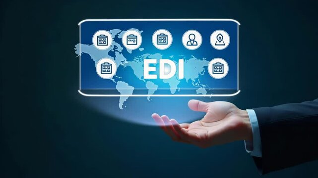 Flat Hand Engaging with Holographic EDI Device: A Cute Vector Illustration of Global Data Transfer and Digital Security Icons in a Smart Business Concept