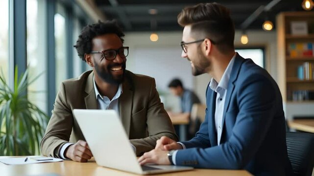 Happy African Male Employee Engaging with Latin Colleague at Work: Smiling Diverse Team Collaborating on Laptop in Office - Stock Photo Concept