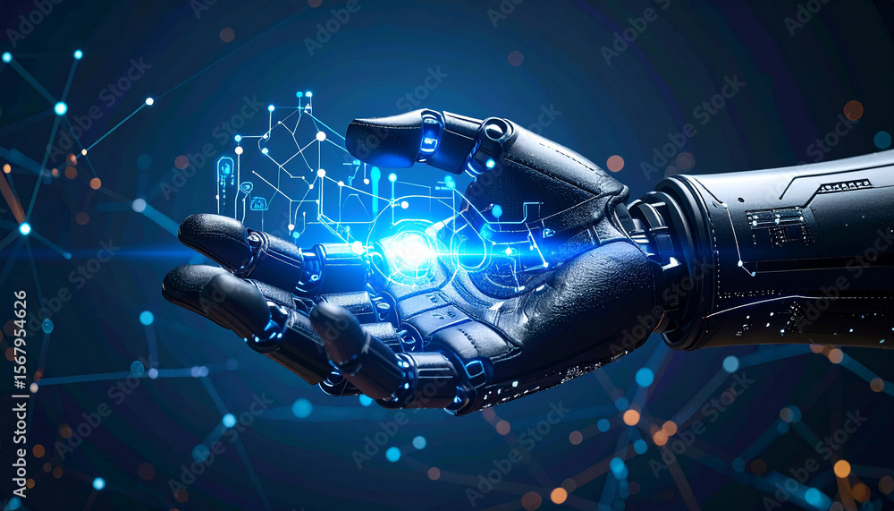 Poster robotic hand holding digital network: a metallic robotic hand delicately cradles a glowing digital n