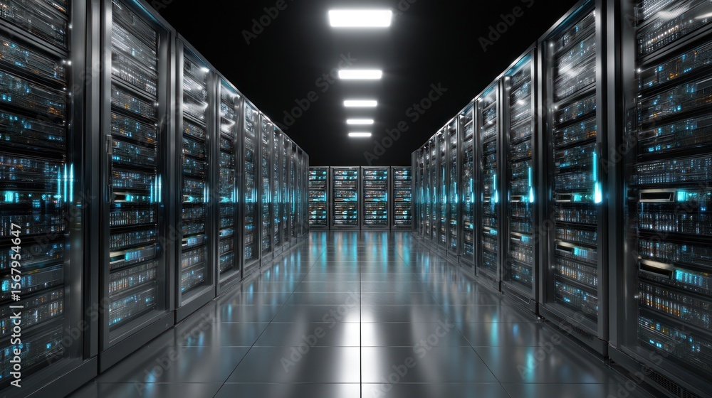 Poster dark server room with illuminated blue components technology and data center concept