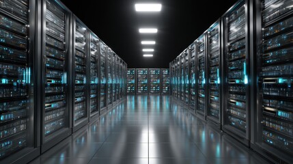 Dark server room with illuminated blue components technology and data center concept