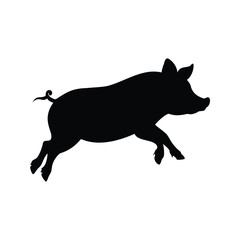 Silhouette of a leaping pig against a white background, stylized image
