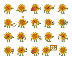 Flower guide eco character set with various cartoon plant poses and educational elements for environmental awareness and nature protection for yours illustration and creative designs projects