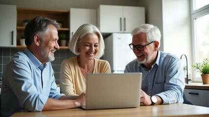 Happy mature couple bonding at home with laptop, enjoying online insurance purchases and bill payments, capturing joyful moments in stock photo. - Powered by Adobe