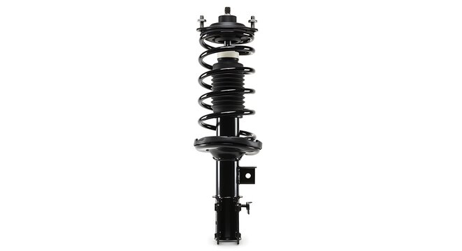 A studio photograph of a new, black, complete car suspension strut assembly, cleanly isolated on a white background.