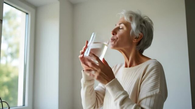 Flat illustration of a happy middle-aged woman, 50 years old, holding a glass of pure mineral water at home, promoting hydration and wellness in a morning routine.