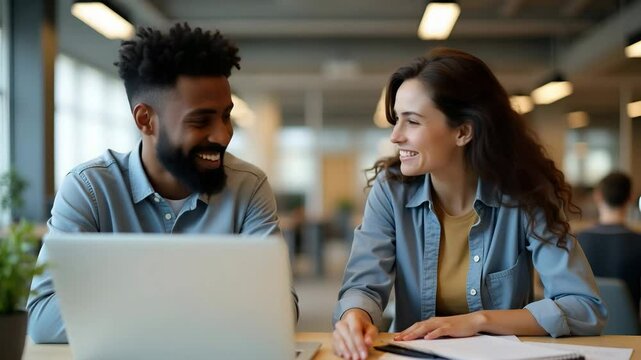 Happy African Male Employee Engaging with Latin Colleague at Work: Smiling Diverse Team Collaborating on Laptop in Office - Stock Photo Concept