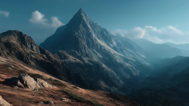Digital Mountain Peak With Rocky Slopes Dry Grass Against Blue Sky Landscape Photography Adobe Stock Photo