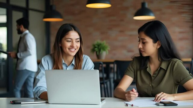 Flat Vector Illustration of Happy Indian HR Manager Interviewing Latin Young Professional in Multiethnic Creative Workspace - Job CV Discussion and Mentorship