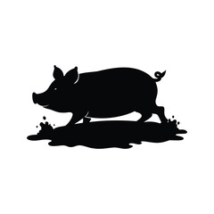 Silhouette of a Pig Running Through Mud, Vector Illustration in Black