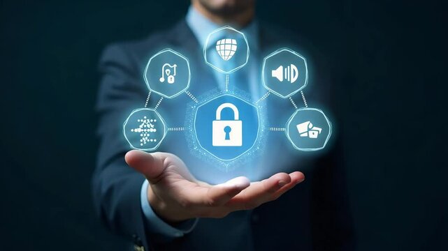 Flat Hand Engaging with Holographic EDI Device: Global Data Transfer & Digital Security Icons in a Simple Vector Illustration